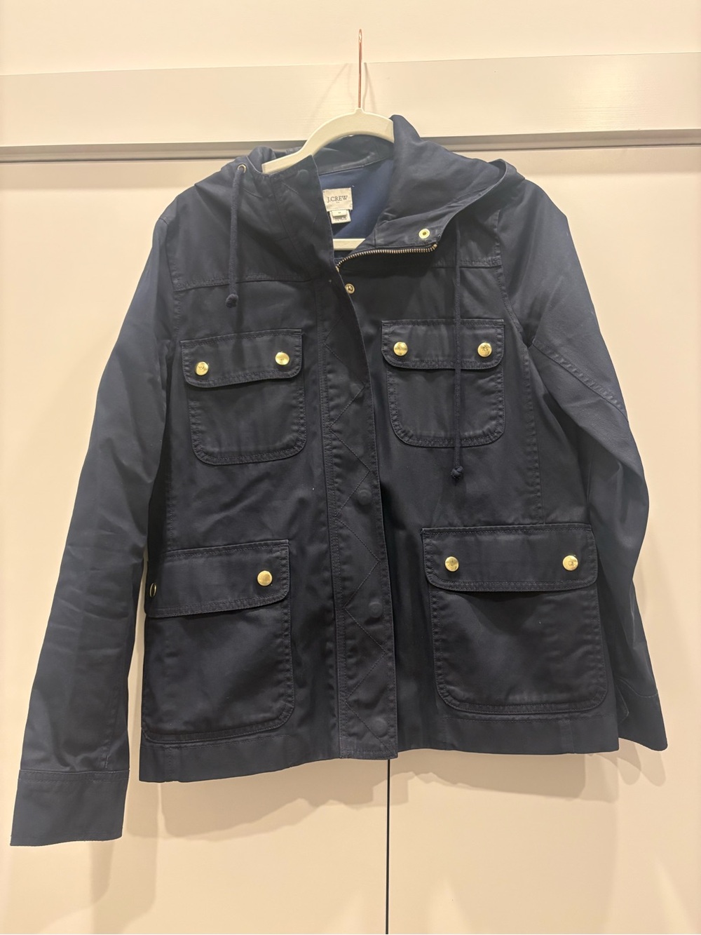 J. Crew Navy Hooded Utility Jacket with Gold-Tone Buttons